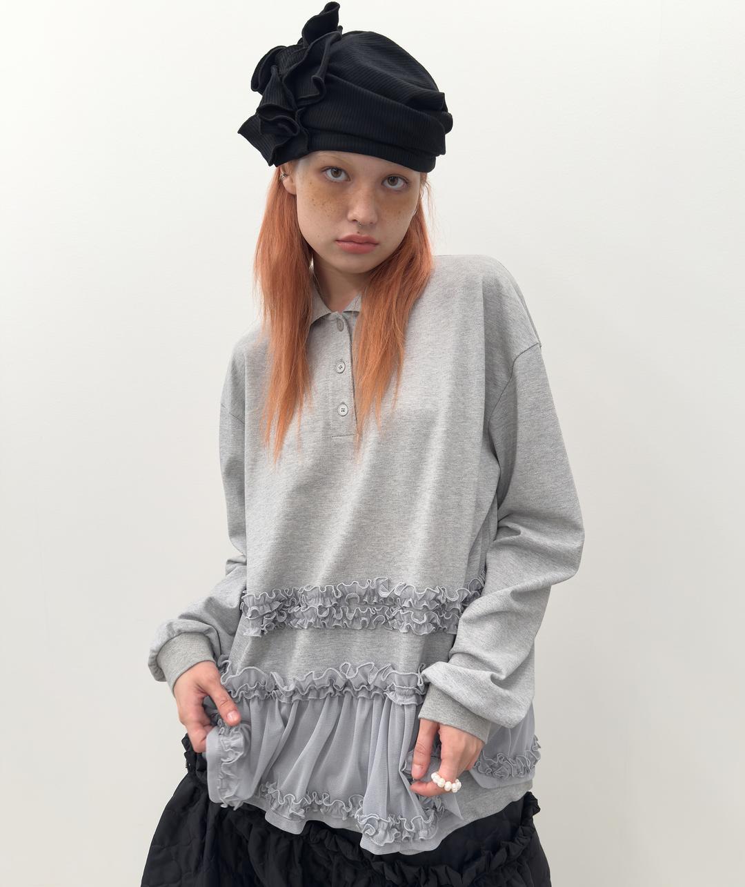 Frilled Hem Collar Top [Gray]