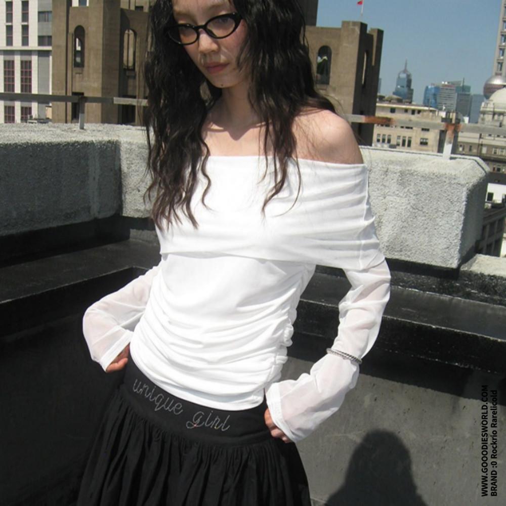 Rockrio Rarelicold 티셔츠 원숄더 살짝 시스루 화이트 긴팔 티셔츠