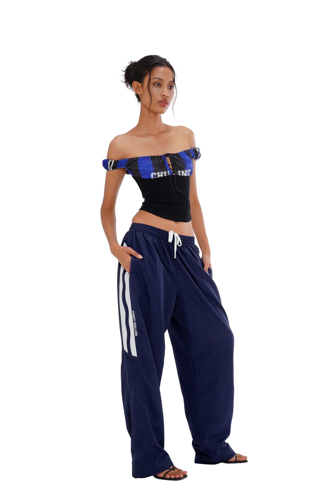 WIDE LEG CONTRAST COLOR STRIPED SWEATPANTS - Navy / XS