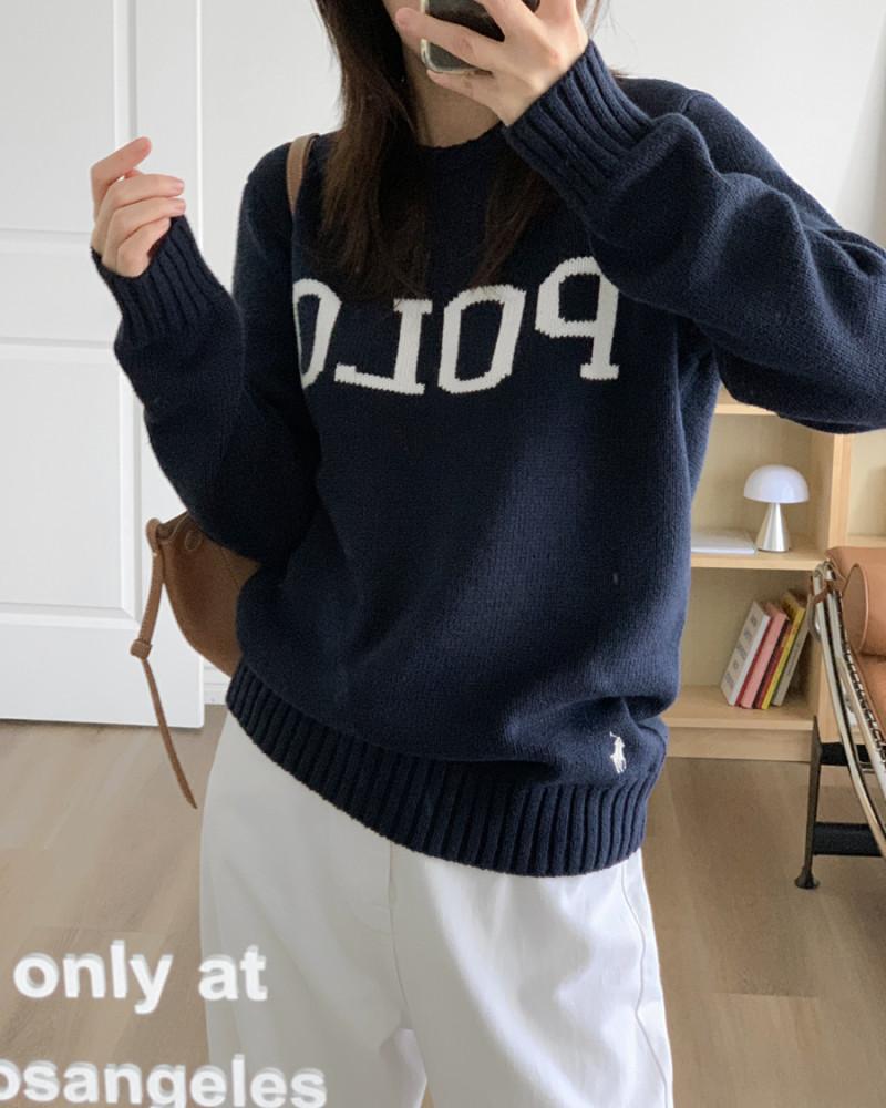 폴로랄프로렌 남녀공용 POLO 레터링 네이비 코튼 니트 스웨터