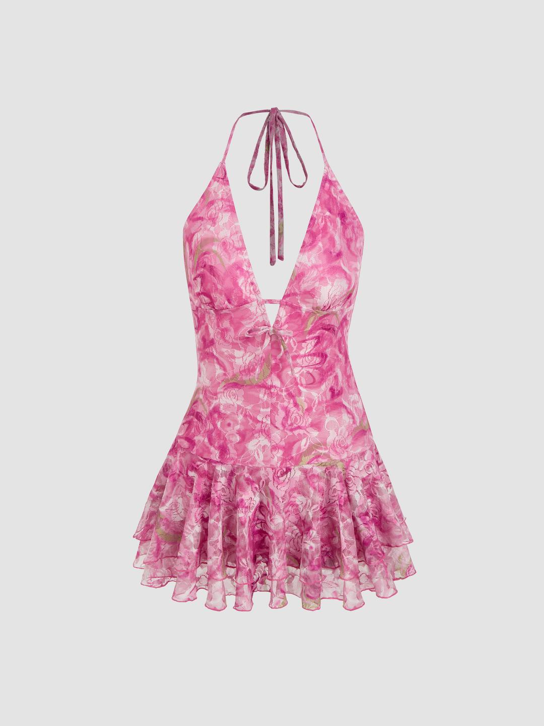 Lace Halter Neckline Floral Layered Mini Dress