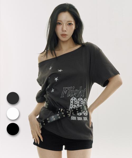 Flight 666 원 오프 숄더 보트넥 반팔 티셔츠 (3color)