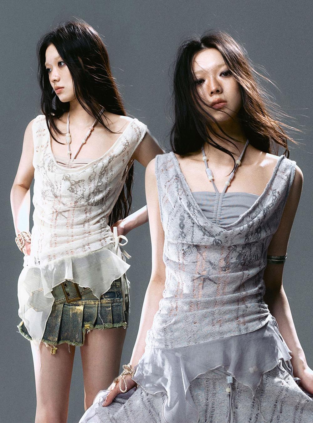 Pearl Chain Drape Collar Knit Top (2color)