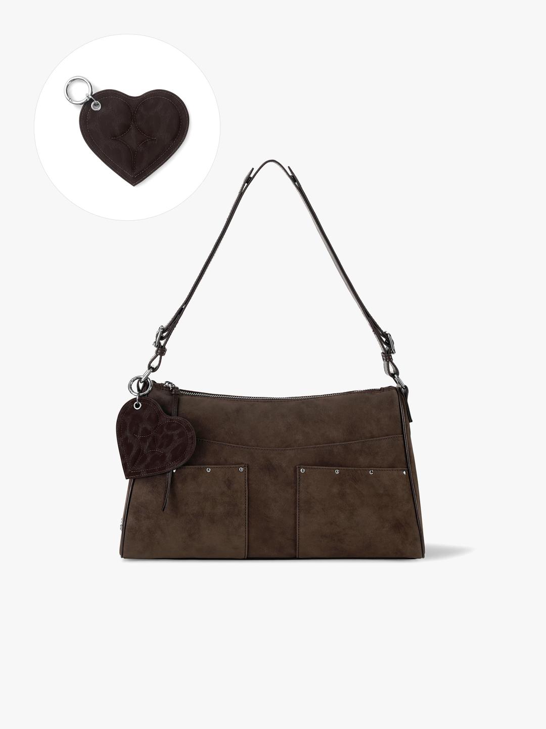 BASH BAG with HEART KEYRING - SUEDE BROWN