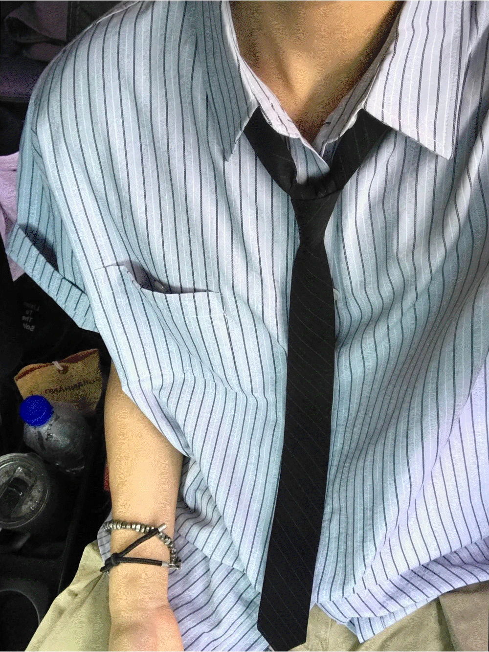 (그레이 당일출고/MD기획) 에일 스트라이프 린넨 하프 셔츠 3C