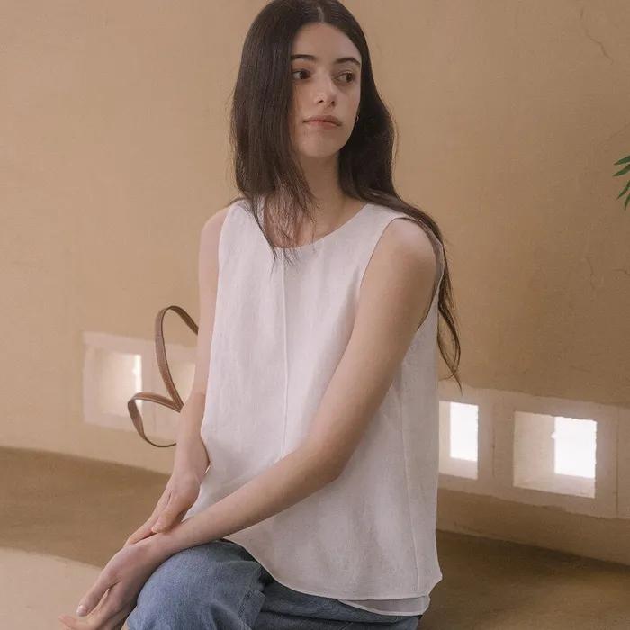 Round ribbon point sleeveless top TISU03BL14_White
