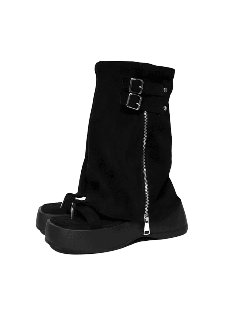 TWO-WAY SUEDE FOLD PLATFORM SANDALS WARMER LONG BOOTS 투웨이 스웨이드 폴드 통굽 샌들 워머 롱부츠