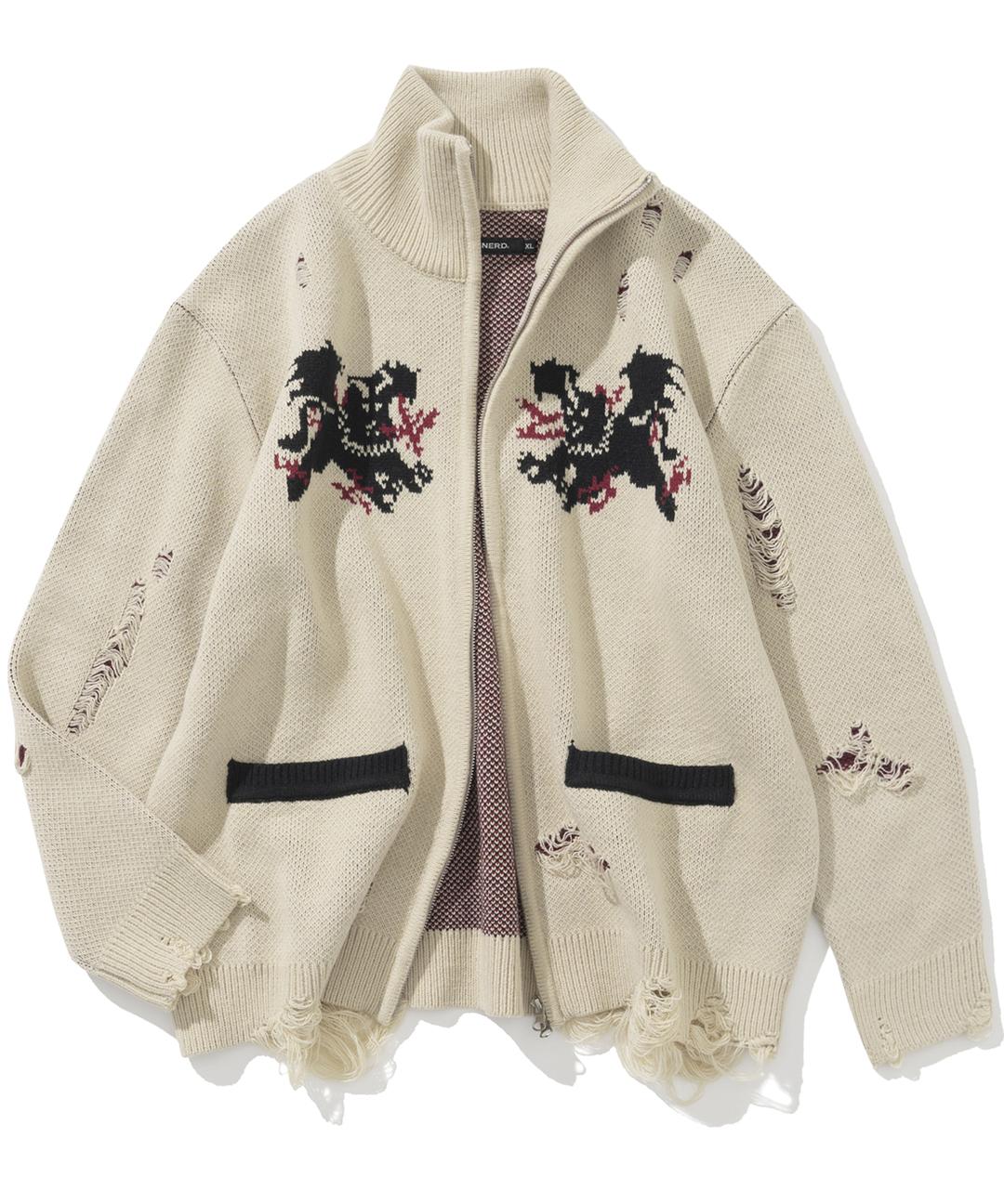 Flying Horn Destoryed Knit Zip Up - Beige