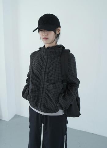 에프터먼데이 check shirring hood zip-up (3c)