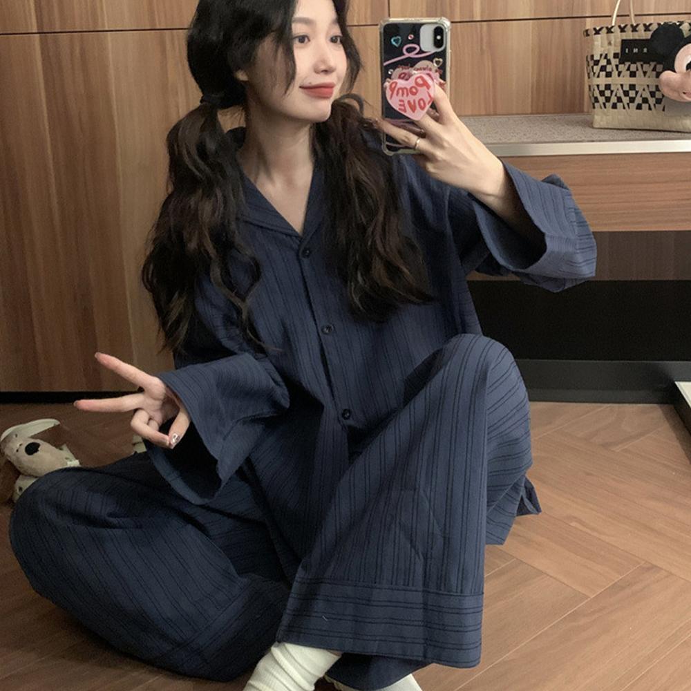 [5차 리오더]세비오 긴팔 투피스 파자마 - 면100% 면잠옷 긴팔긴바지 파자마세트 사계절잠옷 스트라이프파자마 네이비잠옷