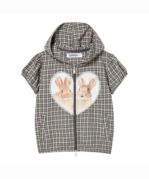 BABY RABBIT SHIRRING SHORT SLEEVE HOODIE ZIP-UP BLACK CHECKED