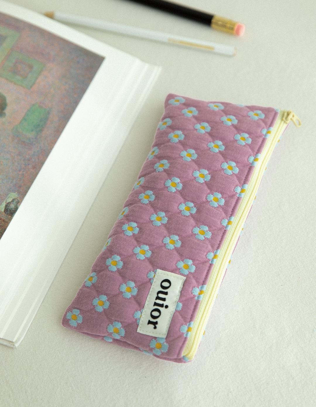 ouior flat pencil case - dot flower purple (topside zipper)