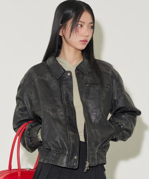 워시드 레더 봄버 자켓 블랙