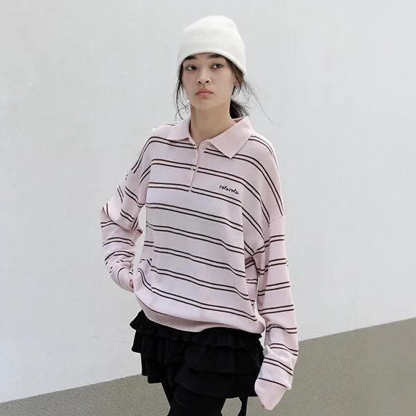 LOOSE FIT COLLAR STRIPE KNIT PINK