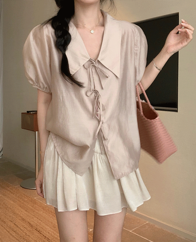 오호 새틴 반팔 블라우스 빅카라 리본 크롭 실크 셔츠 반팔 퍼프블라우스 벌룬소매 여름 시스루셔츠 오피스룩 데이트룩 하객룩