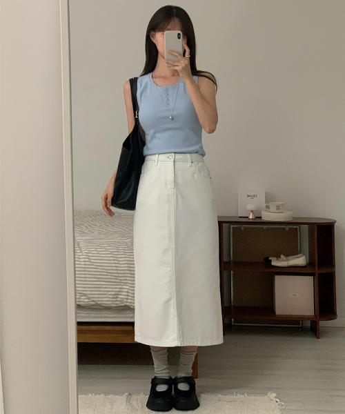 스트레이트 롱 데님 스커트 화이트