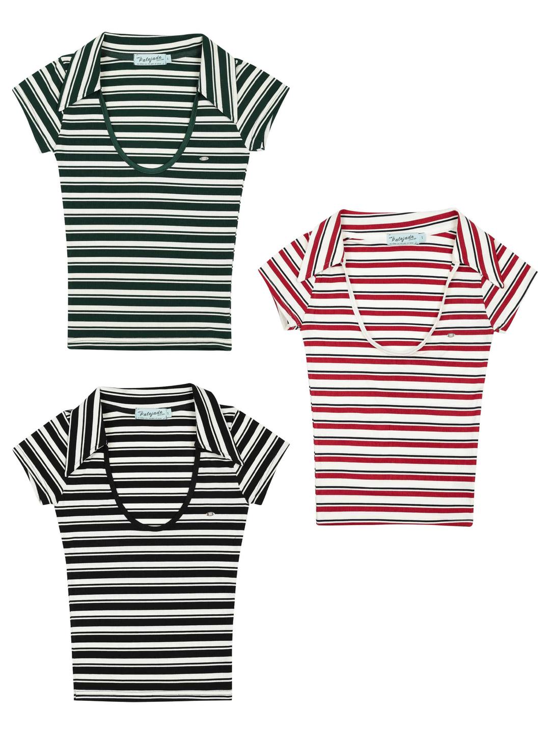 Collar U-Neck Stripe T