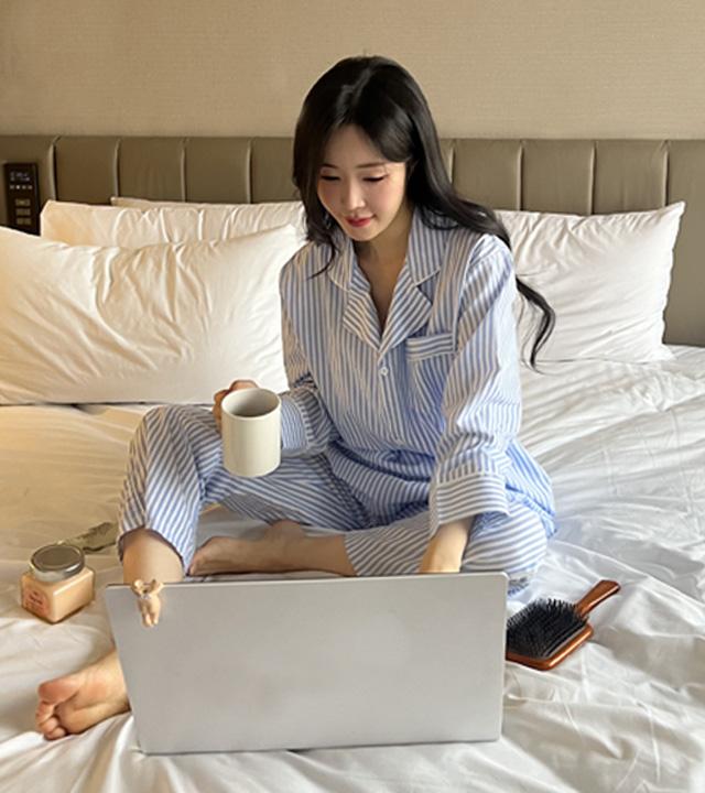 크라시앙 오버핏 클래식 뉴욕 스트라이프잠옷 베이직 파자마 홈웨어