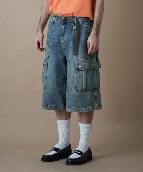 벨티드 거셋 퍼티그 포켓 버뮤다 팬츠 인디고_FR2WP02U