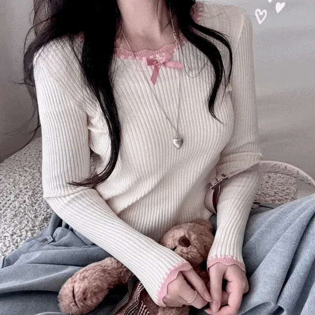 *신상할인* [여리여리~/러블리*-*] 몸매 좋아 보이는, 리본 레이스 골지 슬림 긴파니트