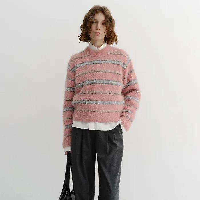 UNISEX STRIPED HAIRY SWEATER SOFT PINK BROWN_UDSW5D129P1