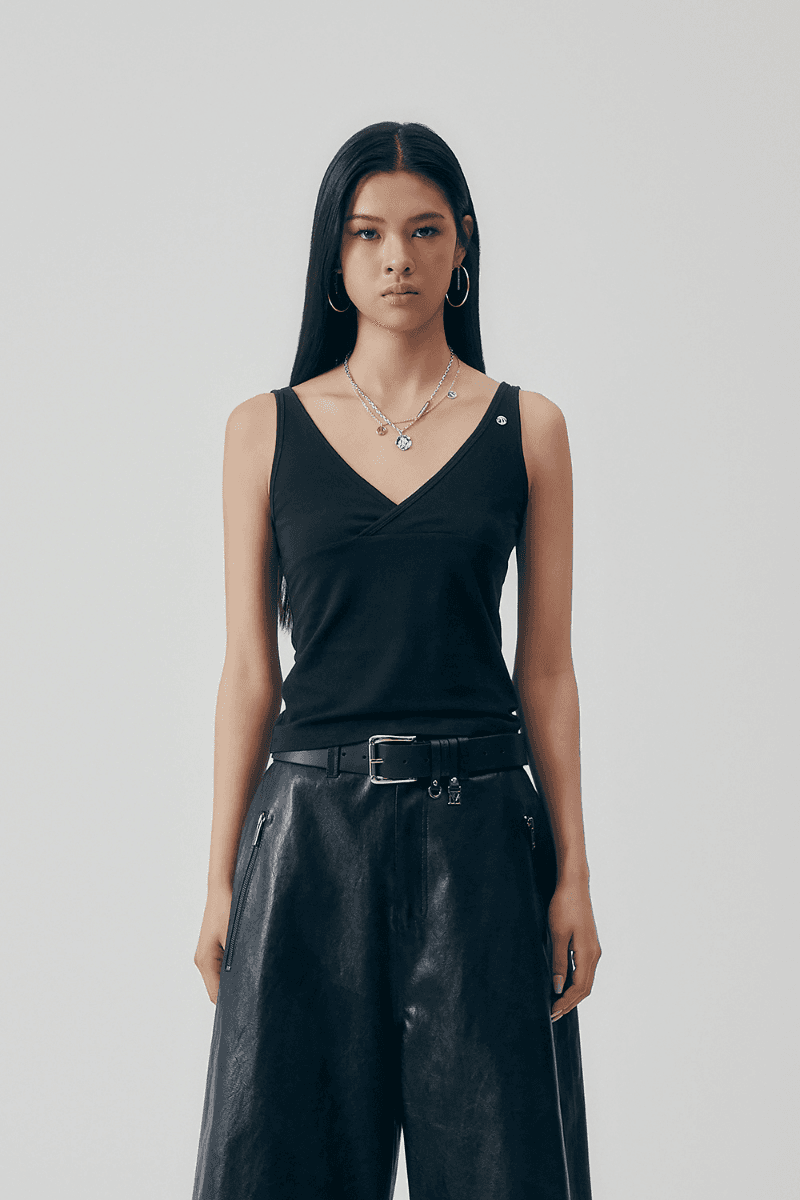 Basic V-Neck Wrap Sleeveless [ Black ]