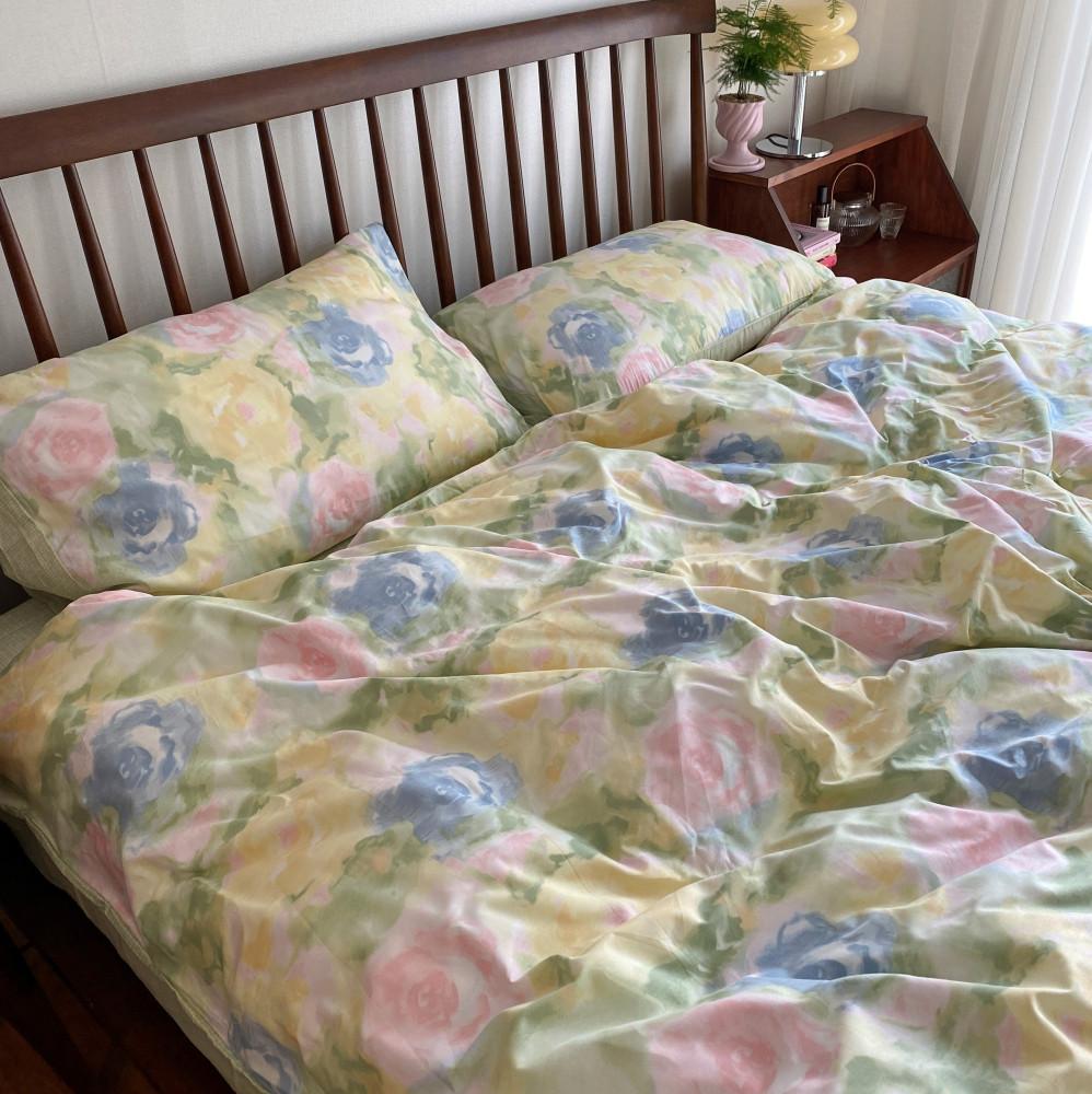 로즈 수채화 꽃무늬 이불 커버 세트 / 빈티지 꽃이불 플라워 바스락 호텔 순면 침구 S/SS