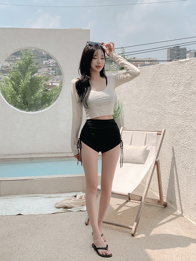유어버튼 [3set/체형커버✨/바캉스룩] 미쿠 레이어드 긴팔티 비키니 셔링팬츠 세트