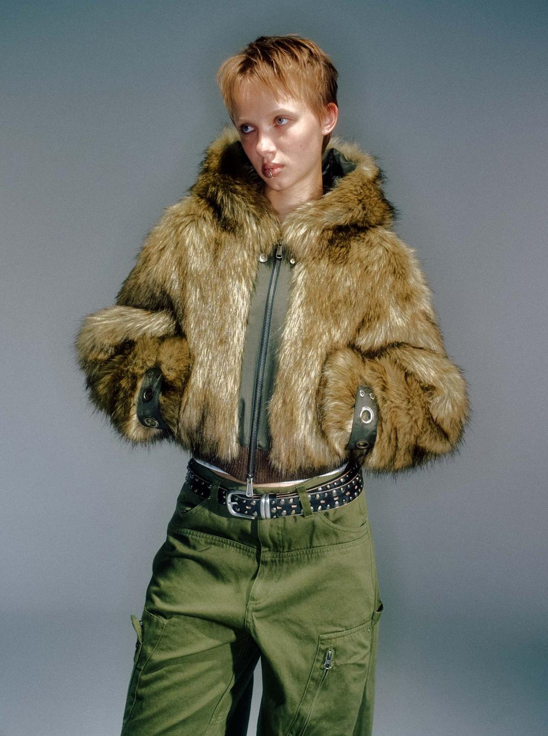 DIDDY FUR HOODIE JACKET BROWN