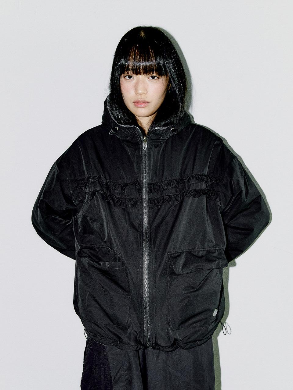 REVERSIBLE FRILL HOODED JACKET, BLACK/DOT