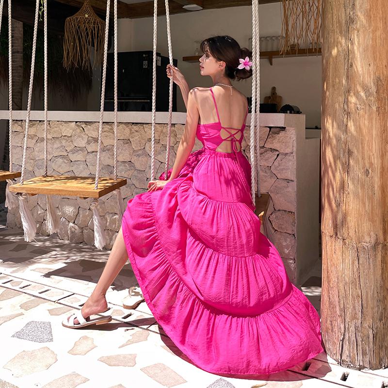 [M,L]핫핑크 비치 롱원피스