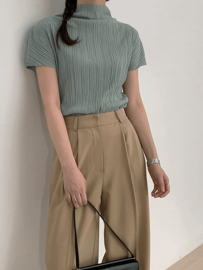 로즐리 반목 하이넥 플리츠 주름 반팔 티셔츠 블라우스 5color