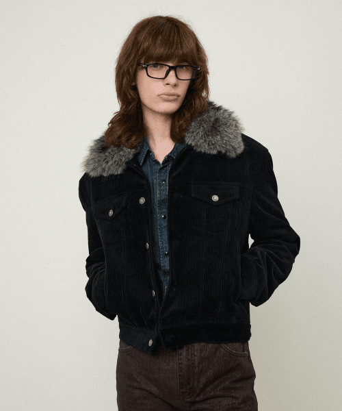 호크 퍼 카라 코듀로이 트러커 자켓 블랙