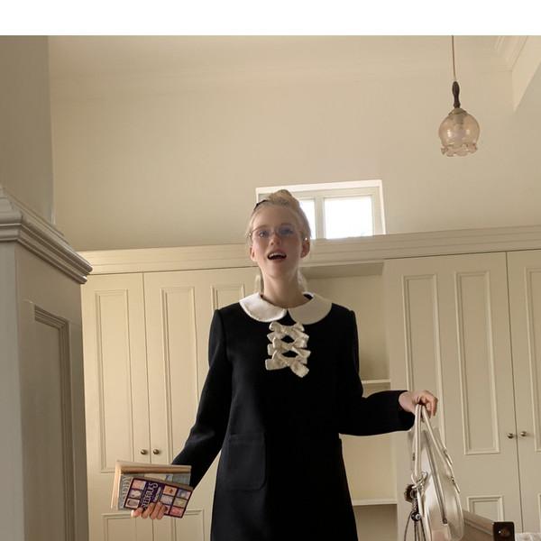 UE vintage black bow round neck full shoulder long sleeve doll dress