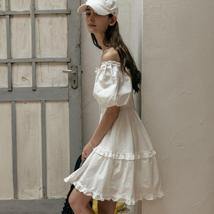 Puff Sleeve Shirring One-Piece