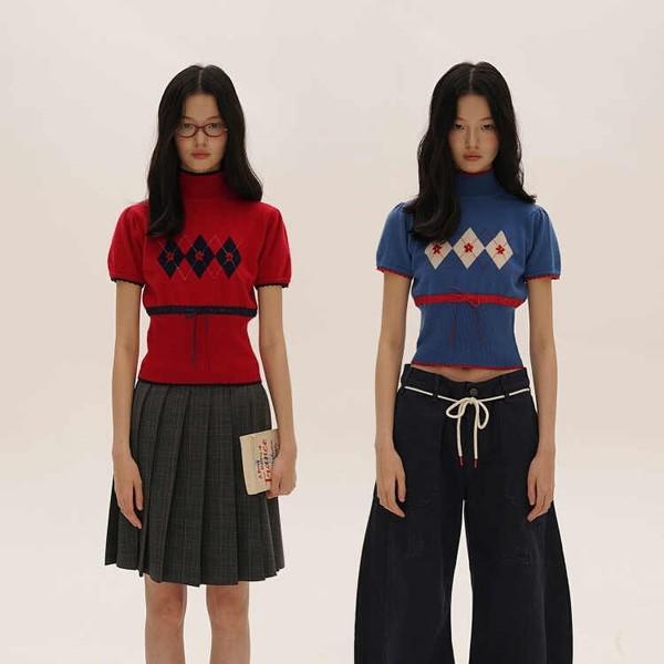 Moromoro Spring Checked Diamond Pattern Hand-Embedded Bow Lace Short Sleeve Sweater