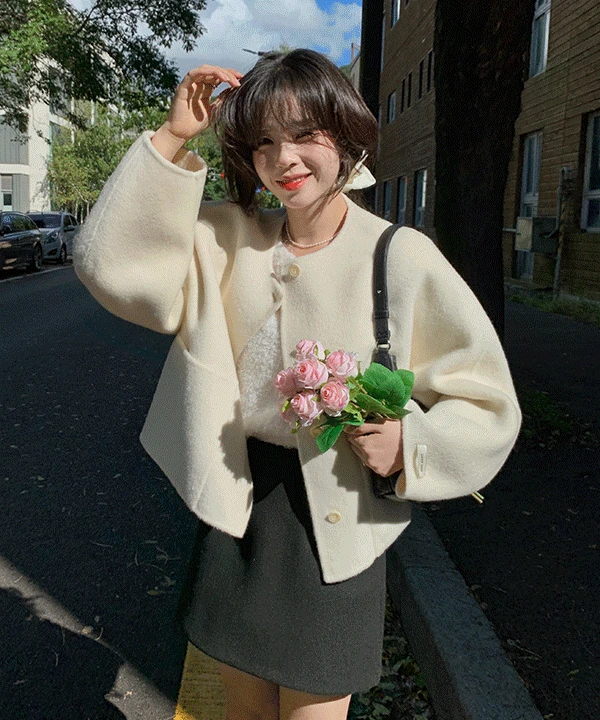 [나요이/최저가/예약주문✨] 오브제 울 라운드넥 포켓 핸드메이드 숏 코트  래글런 나그랑 버튼 하프코트 자켓 크롭 노카라 라운드 가을 겨울 아우터