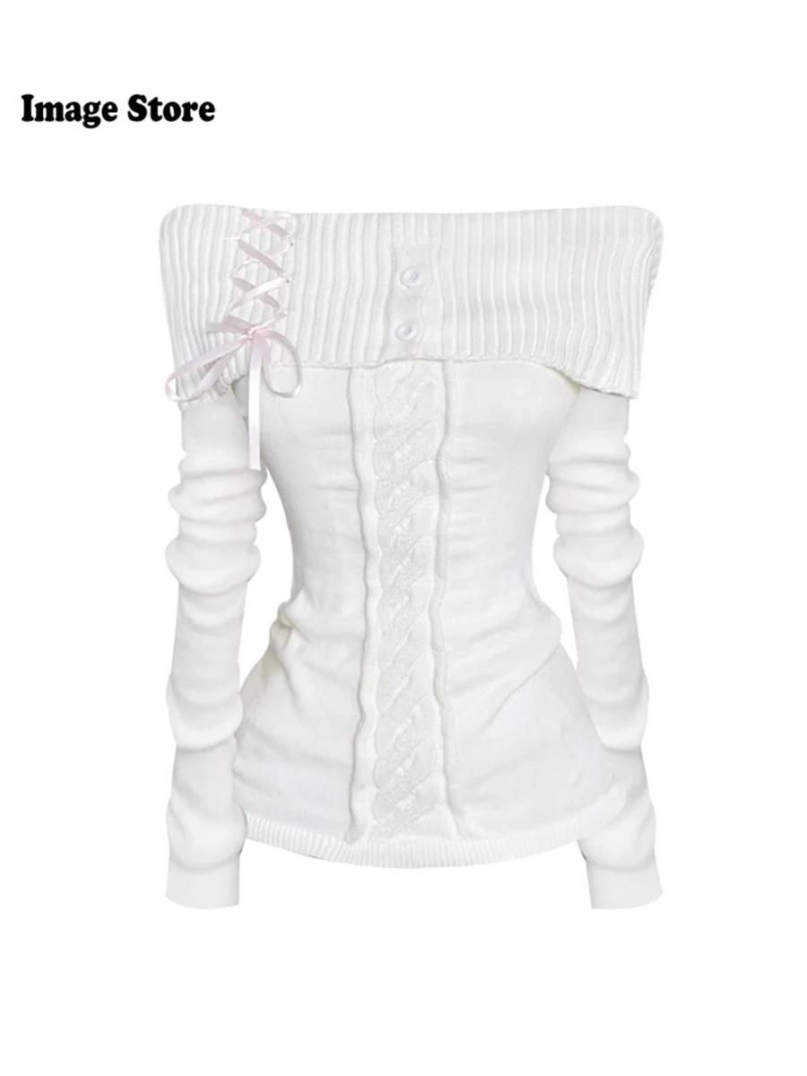 여성용 모리 걸 스웨터, 레이스 업 점퍼, 빈티지 니트웨어, 2000 년대 미적, 귀여운 코어, 한국 슬래시 넥, 가와이, 가을, 겨울