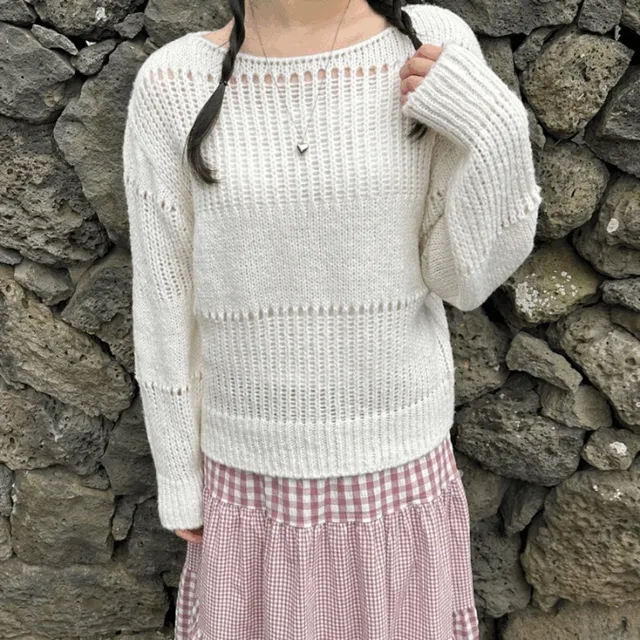 보트넥 네트 니트 그물 크로셰 펀칭 입술넥 봄니트 (3colors)