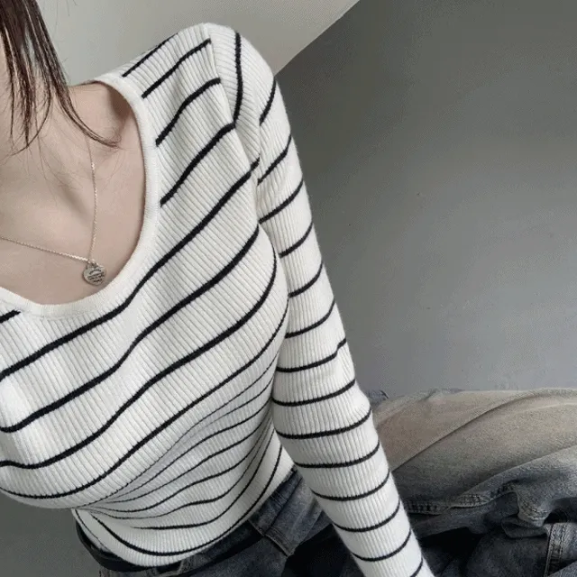 [단독최저가🖤/라인보장] 바닐라 스트라이프 무지 유넥 슬림골지긴팔니트 knit - 5color