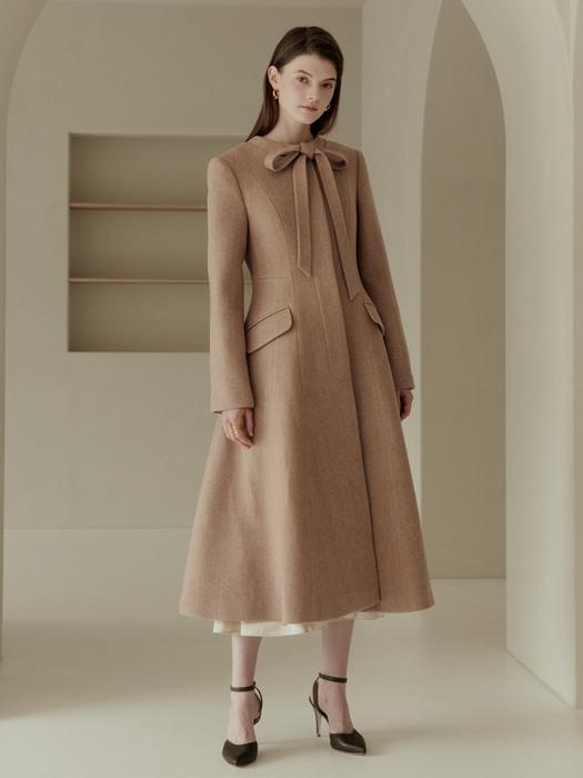 [미전시]AVELINE Round neck tie detail A-line coat (Pink beige herringbone)