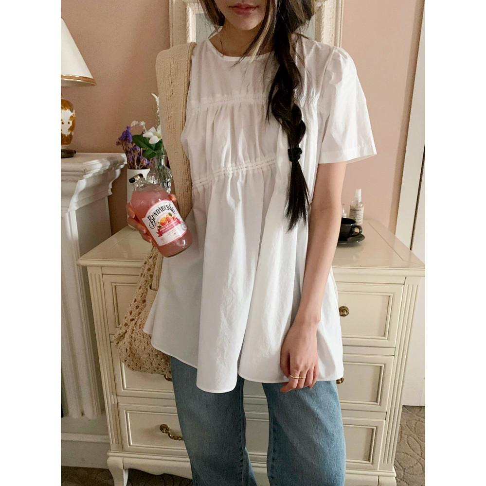 (일부 당일) 코튼 멀티 셔링 스트랩 플레어 퍼프 반팔 블라우스 (3colors)