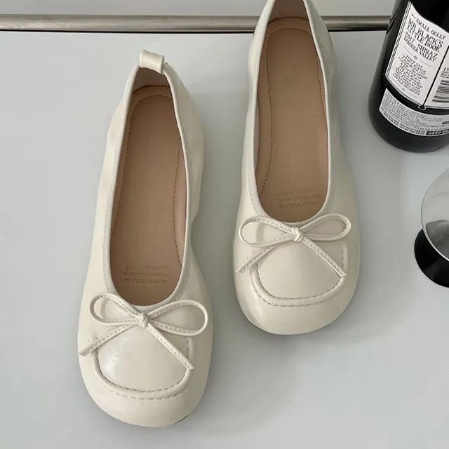 발편한 스퀘어 리본 주름 플랫슈즈 라본