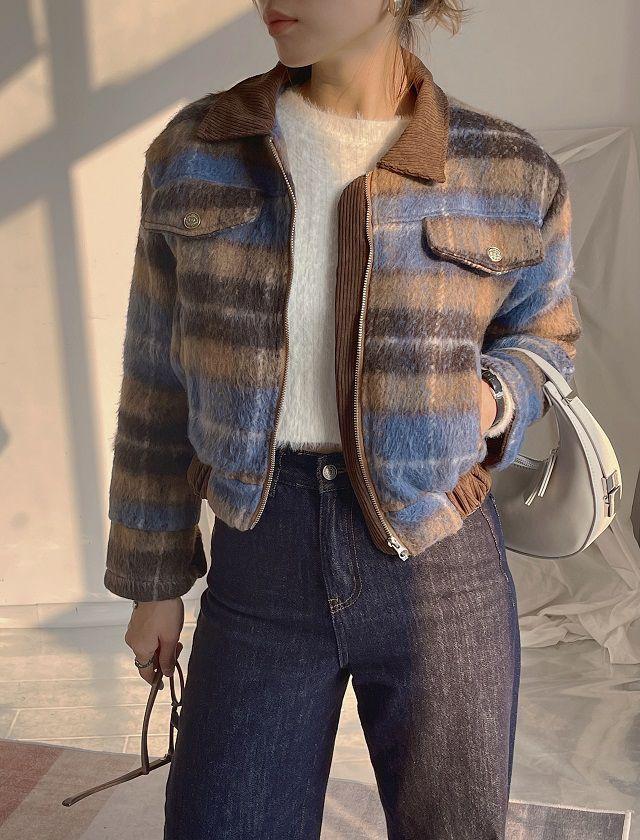 [누빔안감]울 모헤어 체크 코듀로이 집업 누빔 숏 크롭 겨울 자켓(1color)