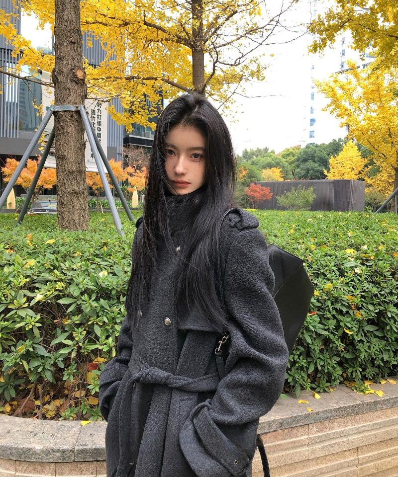 차콜 헤링본 은장 울 롱코트