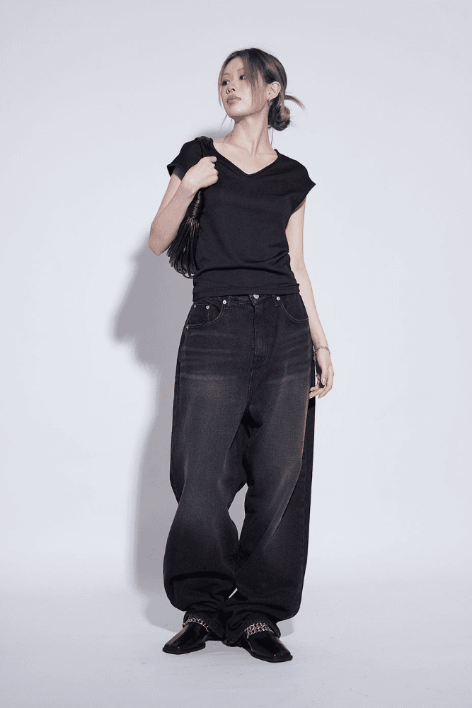 black washing wide jeans