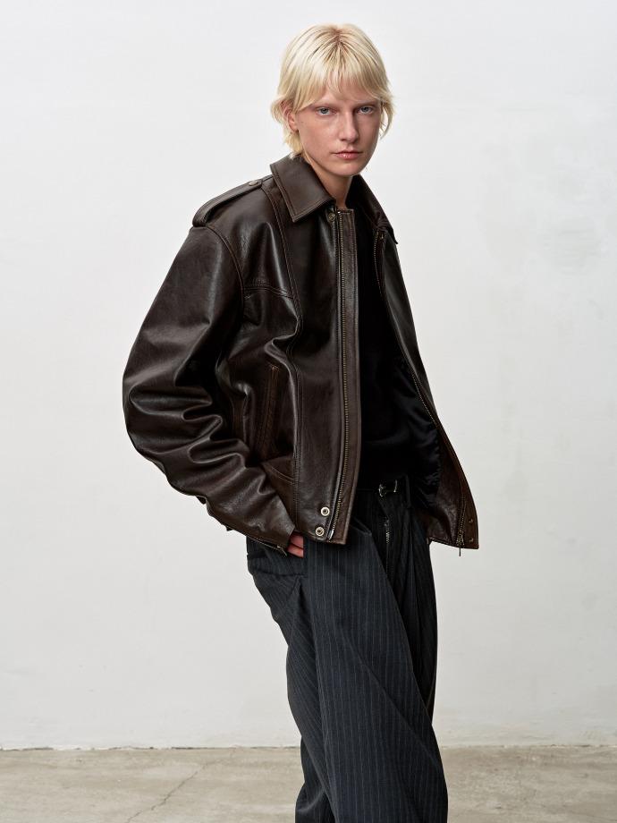 (W) OVERSIZED VEGETABLE LAMB LEATHER JACKET_ BROWN