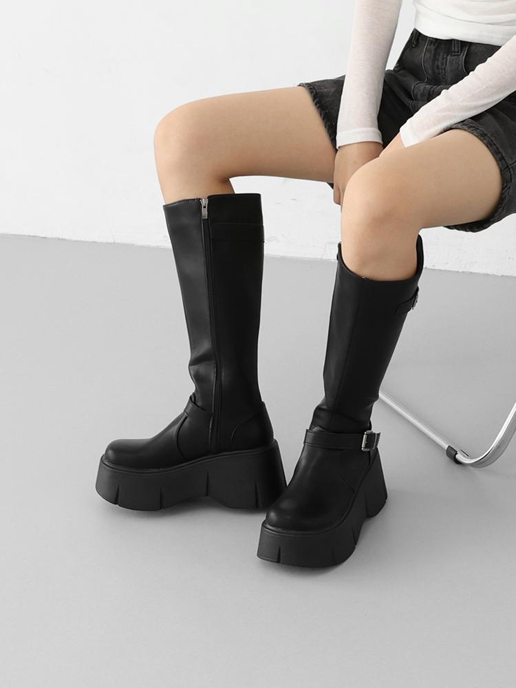 잇슈 라메스 통굽 사이드 지퍼 버클 장식 롱부츠(9.0cm) 12033