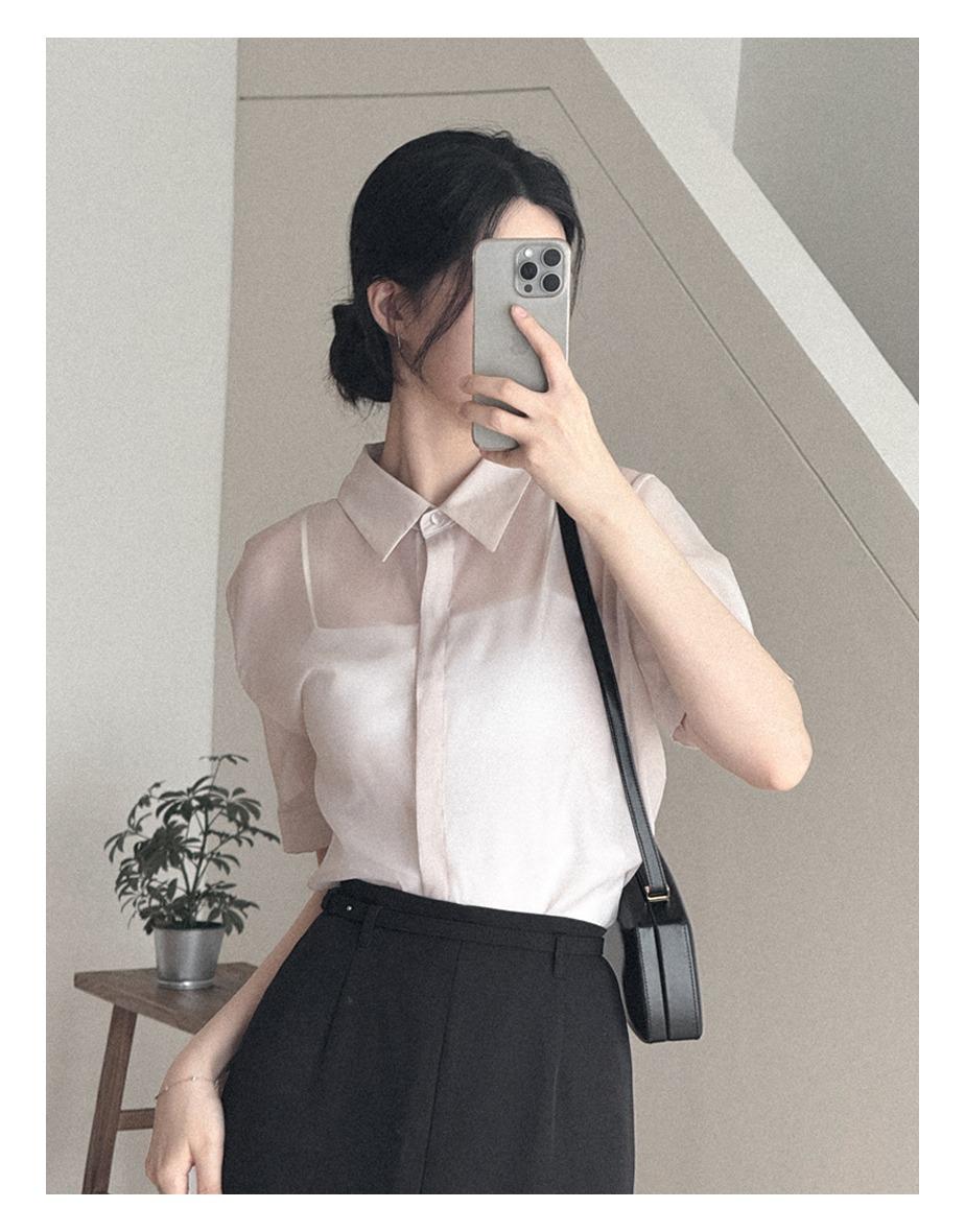 스틸 시스루 하프 블라우스 [로지베이지]