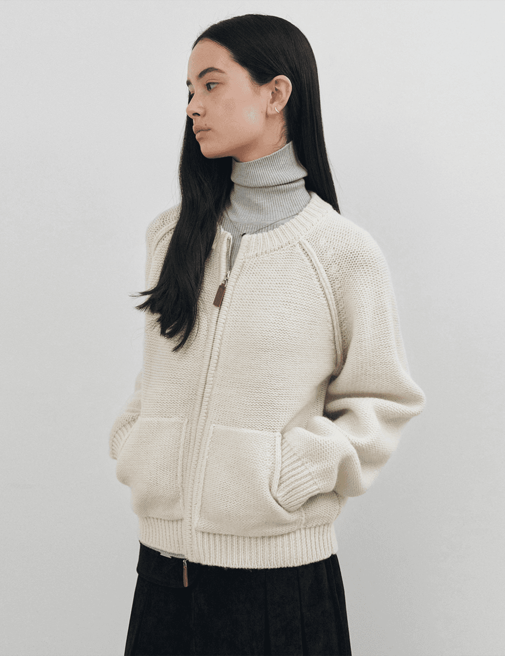 라운드넥 울 니트 집업 가디건 아이보리 MDCD049IVORY